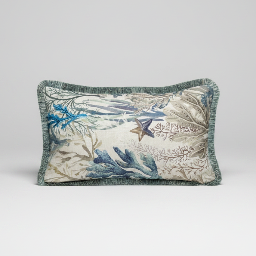 Kuddfodral Ocean Print Denim med frans