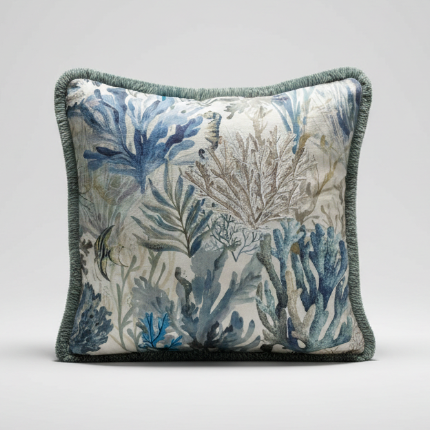 Kuddfodral Ocean Print Denim med frans