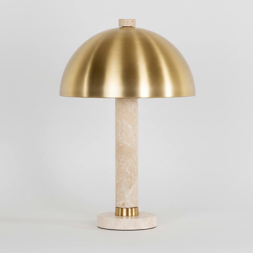 Table lamp with brass dome shade and marble base on a white background