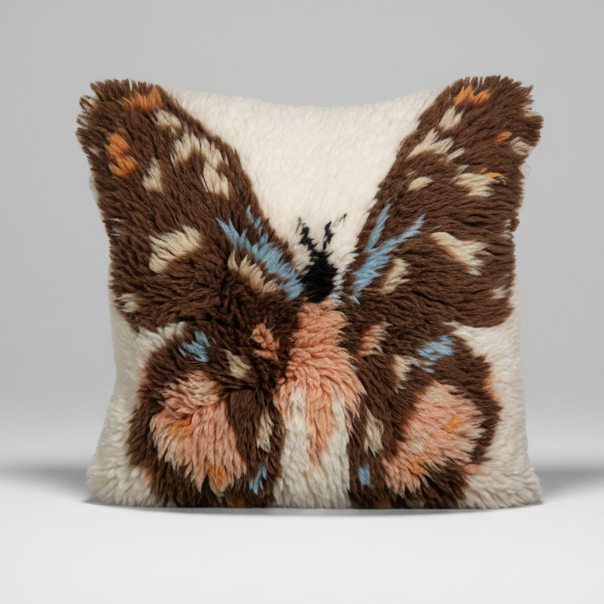 Decorative pillow with butterfly design on a white background
