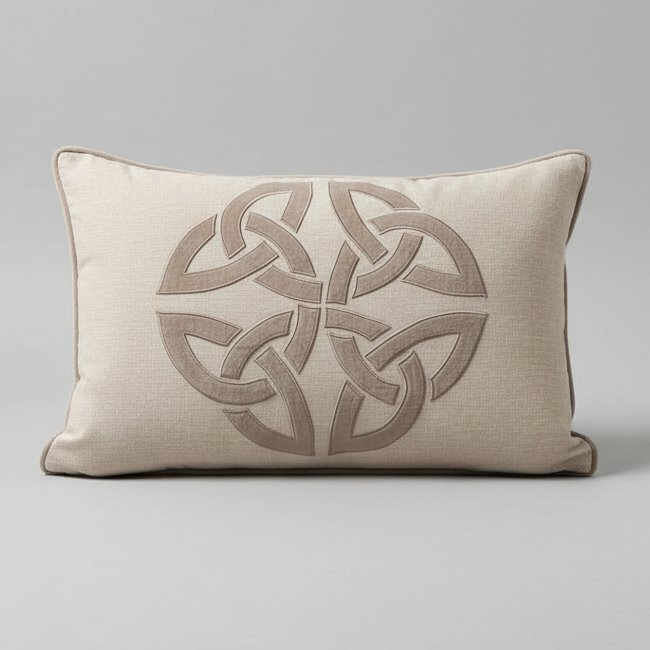 Decorative pillow with Celtic knot pattern on a white sofa